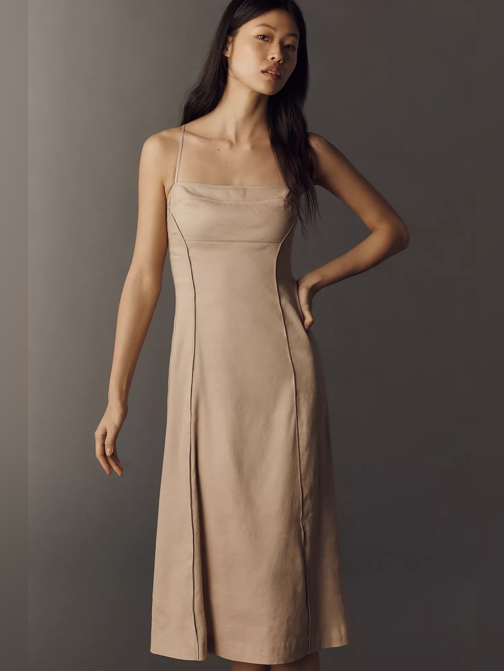 Maeve Linen Colorblock Midi Dress in Khaki Anthropologie XL Neutral Minimal